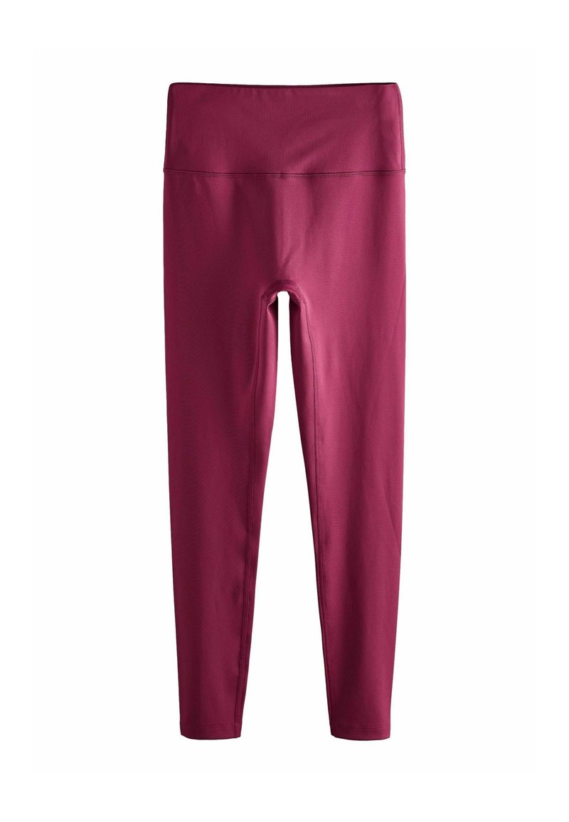 Bordeaux leggings met een hoge tailleband. Gemaakt van rekbare stof, met een gladde textuur en een getailleerd ontwerp, dat tot halverwege de kuit reikt.