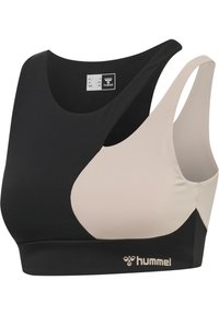 Zwart-beige sportbeha met brede bandjes, ronde halslijn en "hummel"-logo op de onderband. Maatlabels zichtbaar aan de binnenkant.