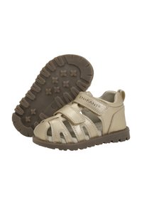 Guldiga lädersandaler med en öppen design, som har två justerbara remmar, en texturerad brun gummisula och en slingback för enkel påtagning.