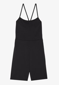 Svart jumpsuit med ett figursytt liv, tunna spaghetti-band och shorts. Tillverkad av ett slätt, elastiskt tyg med rena sömmar.