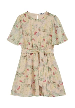 Béžové kvetinové šaty s červenými motýľmi, krátke rozstrapatené rukávy, okrúhly výstrih, zapínanie na gombíky na chrbte a zodpovedajúci látkový opasok v páse.