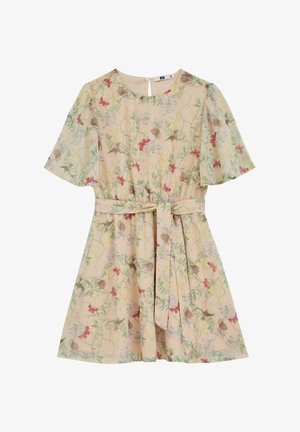 Béžové kvetinové šaty s červenými motýľmi, krátke rozstrapatené rukávy, okrúhly výstrih, zapínanie na gombíky na chrbte a zodpovedajúci látkový opasok v páse.