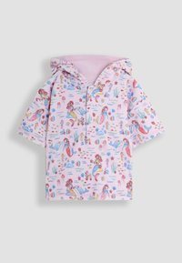 Rosa kortärmad hoodie med ett mönster av sjöjungfrur och undervattensmotiv. Tillverkad av mjukt tyg, med en framficka och en lätt design.
