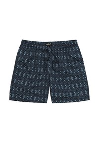 Shorts da mare blu navy con un motivo a diamante in azzurro chiaro, vita elastica con cordoncino e etichetta del logo. Tessuto leggero, vestibilità comoda.