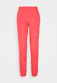 Punaiset, joustavat housut kapeilla lahkeilla, joissa on saumadetaljit ja kerätyt lahkeensuut. Valmistettu kevyestä, kestävästä kankaasta.