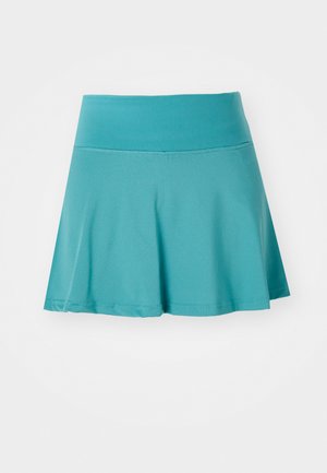 Teal sportieve rok met een brede tailleband, uitlopende ontwerp en geperforeerde textuur, gemaakt van ademend materiaal voor comfort en beweging.