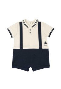 Combinaison à manches courtes avec un haut crème et un short bleu marine, dotée de deux bretelles, d'un col et de trois boutons. Détail de couronne brodée.