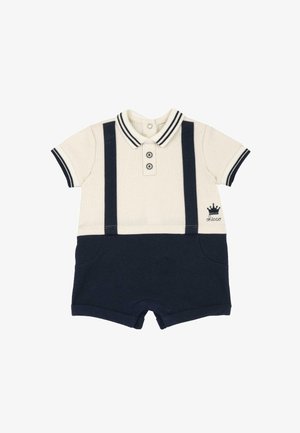 Combinaison à manches courtes avec un haut crème et un short bleu marine, dotée de deux bretelles, d'un col et de trois boutons. Détail de couronne brodée.