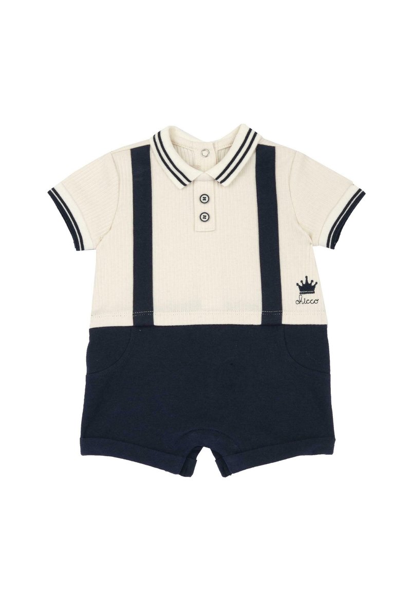 Combinaison à manches courtes avec un haut crème et un short bleu marine, dotée de deux bretelles, d'un col et de trois boutons. Détail de couronne brodée.