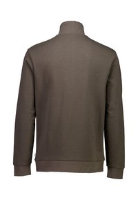 Dark brown sweatshirt featuring a high collar, long sleeves, and ribbed cuffs. Made from a smooth, soft fabric with a clean design.