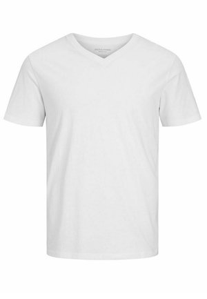 Hvid bomulds T-shirt med V-hals, korte ærmer og afslappet pasform. Glat tekstur uden synlige mønstre eller accenter.