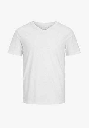 Biała bawełniana koszulka z dekoltem w serek, krótkimi rękawami i luźnym fasonem. Gładka tekstura bez widocznych wzorów lub akcentów.