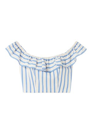 Top cropped off-the-shoulder in cotone bianco con strisce verticali blu e gialle. Presenta un bordo arricciato lungo il collo e un tessuto testurizzato.