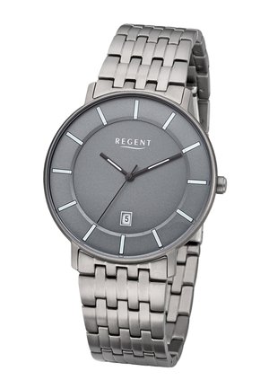 Regent wristwatch with silver metal link band, grey round face, white hour markers, three hands, and date display showing the 5th.