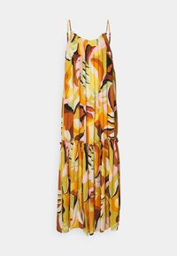 Multicolored maxi dress with a gathered neckline, spaghetti straps, and a tiered hem. Features abstract patterns in yellow, orange, and pink tones.