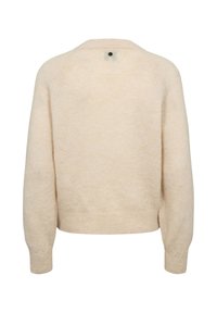 Pull en maille beige crème avec manches longues et poignets et ourlet côtelés, vu de dos sur fond blanc.
