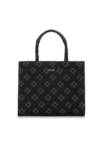 Borsa tote nera in tessuto texturizzato con un motivo geometrico ripetitivo. Ha due manici robusti e un piccolo logo decorativo.