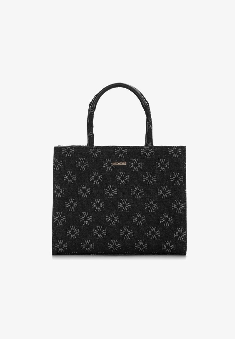 Czarna torebka na ramię z teksturowanej tkaniny, ozdobiona powtarzającym się geometrycznym wzorem. Posiada dwa solidne uchwyty oraz mały akcent z logo.