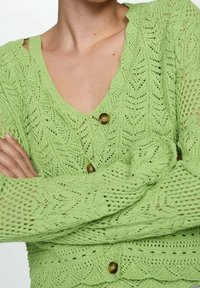 Cardigan en maille vert clair avec un col en V, un motif de feuilles complexe, des manches longues et des boutons en bois à l'avant.