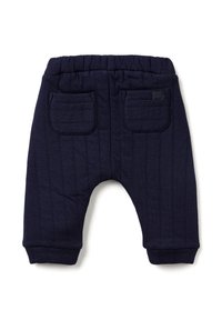 Pantalon bleu marine avec une taille élastique, texture matelassée et deux poches arrière. Les poignets sont ajustés et le tissu semble doux.