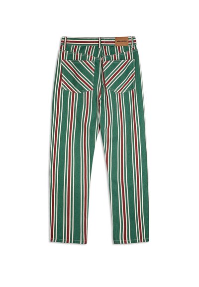 Zelené pásikavé nohavice s vertikálnymi pruhmi v červenej a bielej farbe, s dvoma zadnými vreckami a svetlohnedou koženou etiketou na páse.