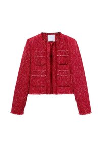 Rote Tweed-Jacke in verkürzter Form mit strukturiertem Finish, fransigen Kanten und zwei vorderen Taschen. Ohne sichtbare Verschlüsse; klassischer runder Ausschnitt.
