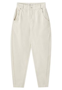 Pantalones de algodón de color beige claro con una cintura alta, bolsillos laterales y perneras ajustadas. Cuenta con un cierre de botón y detalles cosidos.
