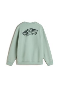 Sudadera verde claro con el logotipo de patineta "Off The Wall" de Vans en negro impreso en la parte superior de la espalda, mostrada sobre un fondo blanco.
