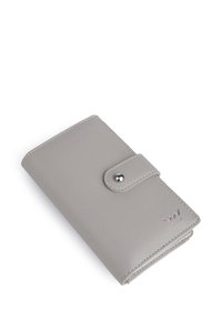 Light gray leather wallet with a snap closure, rounded corners, and white stitching. Features a shiny silver hardware accent and logo.