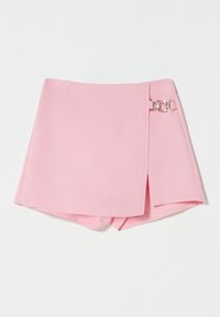 Pink wrap shorts with a silver buckle closure, featuring a straight cut and smooth fabric texture, designed for a fitted look.