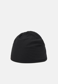 Sort beanie lavet af blød, strækbar stof. Har en rundetop og let drapering for en afslappet pasform. Glat tekstur, minimalistisk design.