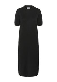 Robe noire en tricot avec des manches courtes bouffantes, un col rond et une silhouette droite, se terminant juste sous le genou avec un ourlet.