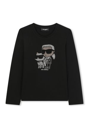Black long-sleeve t-shirt made of cotton, featuring a sparkling embroidered graphic of a character in sunglasses with a cat.