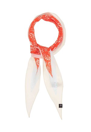 Long silk scarf with red paisley pattern looped, featuring cream and light blue ends with a small black brand tag.