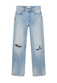 Ljusblå jeans med raka ben, trasiga hål på båda knäna och slitna kanter, med framfickor och knappstängning.