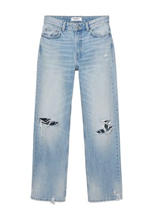 Hellblaue gerade geschnittene Jeans mit ausgefransten Löchern an beiden Knien und abgenutzten Säumen, ausgestattet mit Vordertaschen und einem Knopfverschluss.