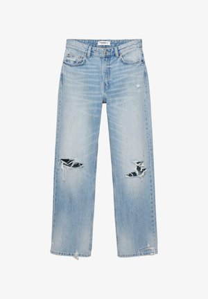Lyseblå straight-leg jeans med flossede huller på begge knæ og slidte kanter, med forlommer og knaplukning.
