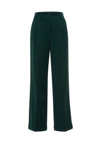 Pantaloni a gamba larga in tessuto verde scuro, caratterizzati da un fronte piatto, pince e risvolti all'orlo. Design sartoriale ed elegante.