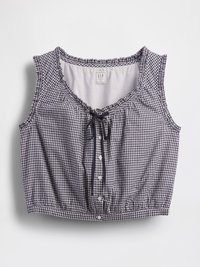 Sort/hvid gingham crop top med en samlet halsudskæring, justerbare snore, knaplukning foran og uden ærmer. Fremstillet af bomulds materiale.