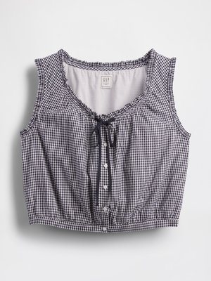 Sort/hvid gingham crop top med en samlet halsudskæring, justerbare snore, knaplukning foran og uden ærmer. Fremstillet af bomulds materiale.