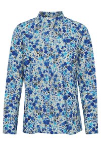 Long-sleeve button-up shirt with collar, featuring a dense pattern of blue and black floral prints on a white background.