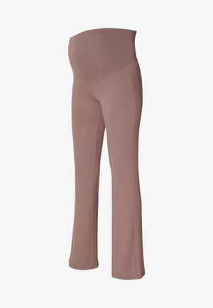 Brązowe spodnie do jogi dla kobiet w ciąży z elastycznym pasem i rozszerzającymi się nogawkami, wykonane z miękkiego, gładkiego materiału bez widocznych wzorów czy akcentów.