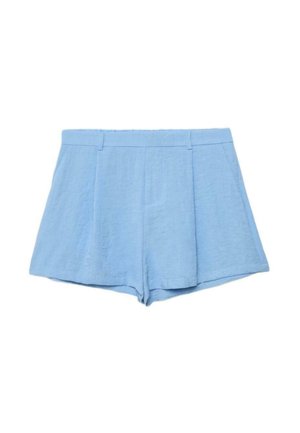Hellblaue, hoch taillierte, maßgeschneiderte Shorts mit Gürtelschlaufen und Seitentaschen, gefertigt aus strukturiertem, leichtem Stoff.