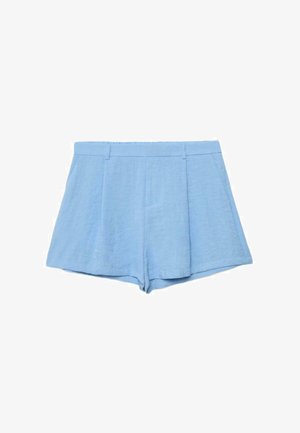 Svetlomodré vysoký pás šité šortky s pútkami na opasok a bočnými vreckami, vyrobené z textúrovaného ľahkého materiálu.