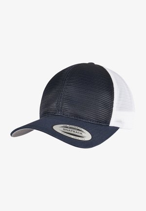 Granatowo-biała czapka snapback z siateczkowym tyłem, usztywnionym przodem i płaskim daszkiem. Zawiera okrągłą naszywkę z logo na przodzie.