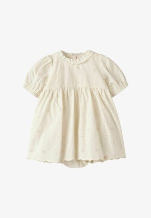 Babyjurk in crèmekleur met korte pofmouwen, kraag met kantafwerking, geborduurd oogjespatroon en gegolfde zoom.