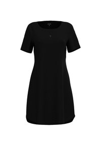 Sort kortærmet kjole med rund halsudskæring, lavet af glat stof. Har et diskret logodesign på brystet og en buet kant.