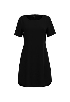 Sort kortærmet kjole med rund halsudskæring, lavet af glat stof. Har et diskret logodesign på brystet og en buet kant.
