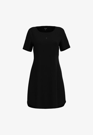 Abito nero a maniche corte con scollo rotondo, realizzato in tessuto liscio. Presenta un discreto logo sul petto e un orlo curvo.