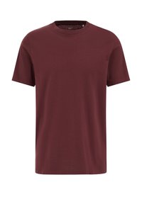 Bordeauxkleurig T-shirt met korte mouwen gemaakt van zachte stof, met een ronde hals en een rechte snit zonder zichtbare patronen of accenten.